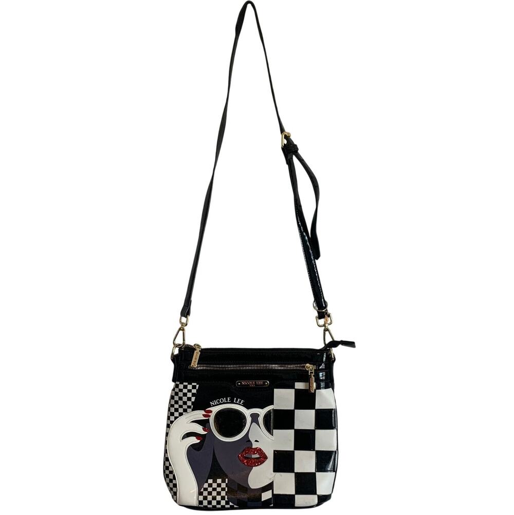 VTG Nicole Lee Lady In Sunglasses Checkered Crossbody Purse Red Black Mod Glam
